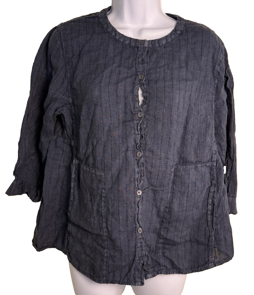 Oska Textured Vertical Stripe Linen Blouse Small Blue Coastal Lagenlook Germany